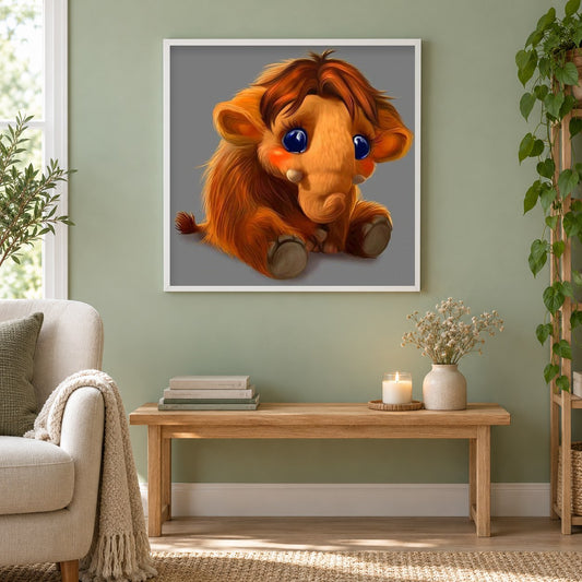 Baby Mammut Karikatur als gerahmtes Diamond Painting im Wohnzimmer