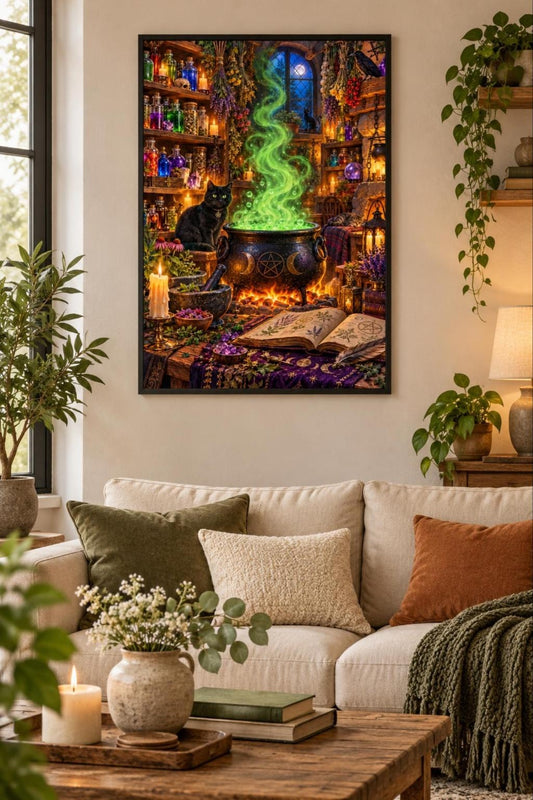 Hexenküche mit Zauberkessel Diamond Painting als gerahmtes Diamond Painting im Wohnzimmer