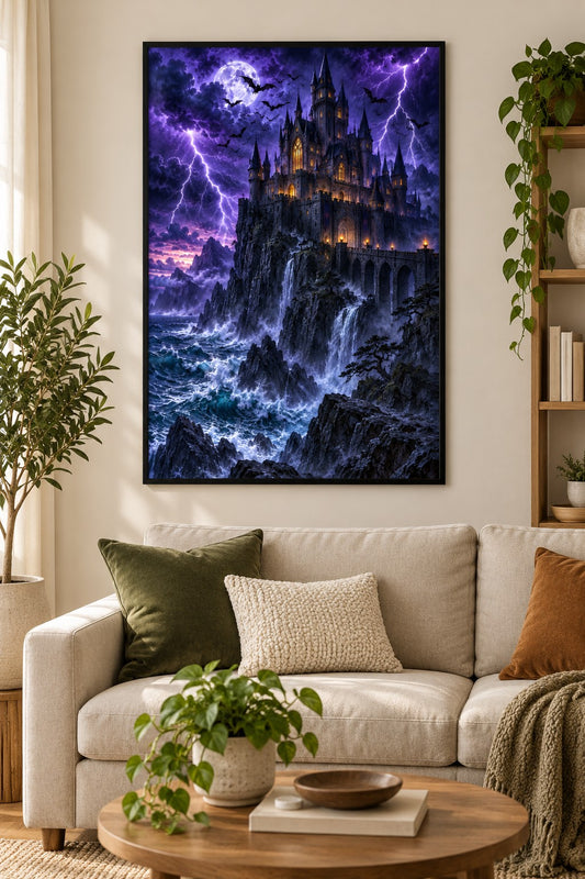 Spukschloss im Gewitter Diamond Painting als gerahmtes Diamond Painting im Wohnzimmer