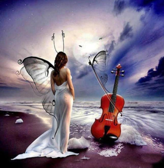 Engelsmädchen & Gitarre am Strand - Diamond Painting