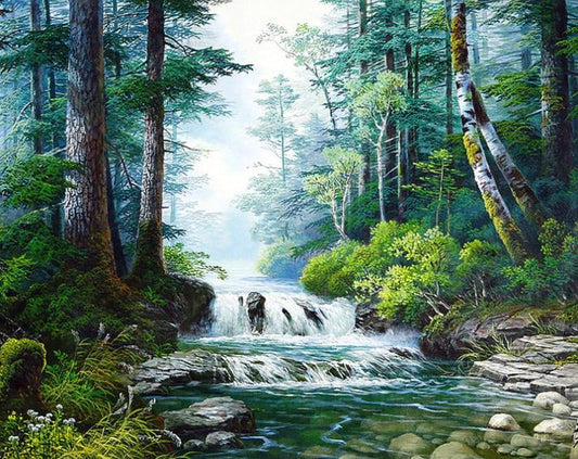 Schöner Waldwasserfall - Diamond Painting
