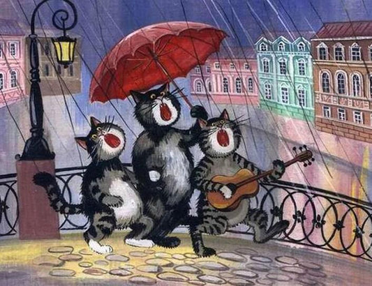 Karikatur Katzen, die Gitarre spielen - Diamond Painting