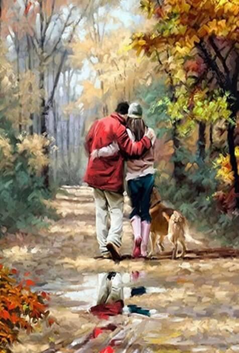 Paar, das mit ihrem Hund spaziert - Diamond Painting