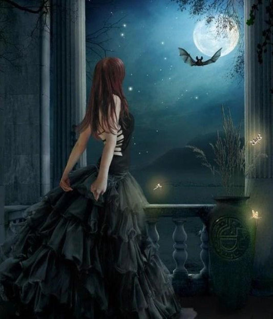 Mädchen in schwarz mit Mond - Diamond Painting