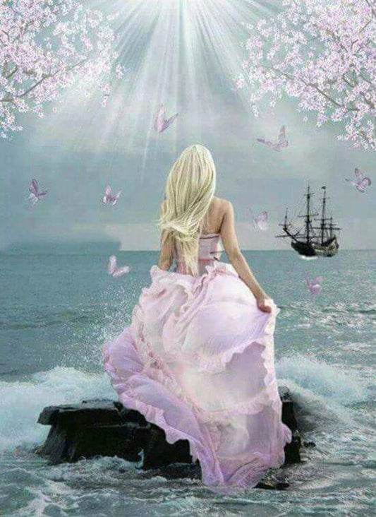 Wunderschöne Dame, die im Ozean steht - Diamond Painting