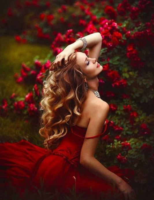 Wunderschöne Dame im Blumengarten - Diamond Painting