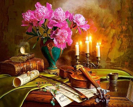 Gitarren-, Blumen- und Kerzenmalerei - Diamond Painting