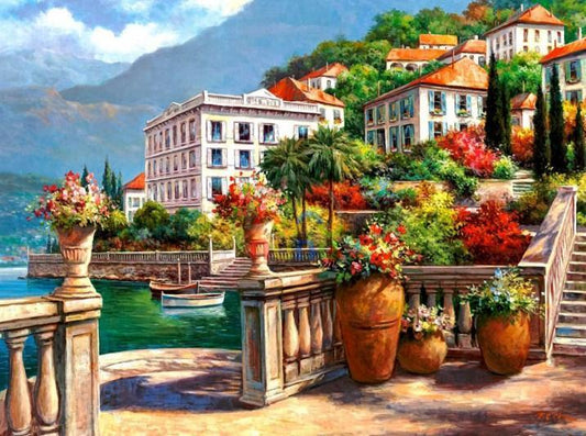 Friedliche Vbillas am Fluss - Diamond Painting