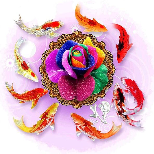 Regenbogenrose & Koi Fisch - Diamond Painting