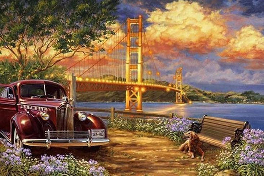 Oldtimer & Hängebrücke - Diamond Painting