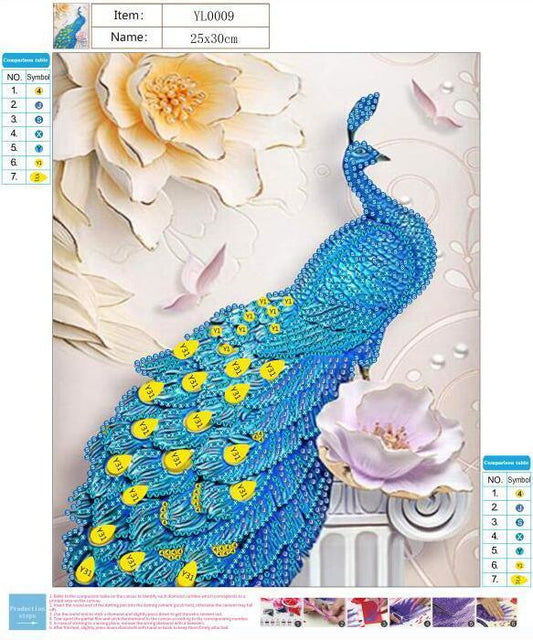 Pfau mit Blumen - Spezial Diamond Painting - Diamond Painting
