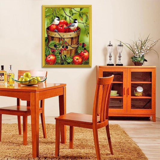 Äpfel in einem Eimer & Spatzen Diamond Painting - Diamond Painting