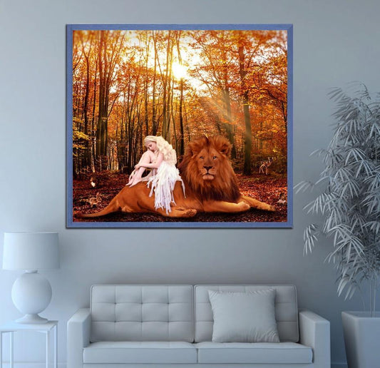 Weißes Mädchen & mächtiger Löwe - Diamond Painting
