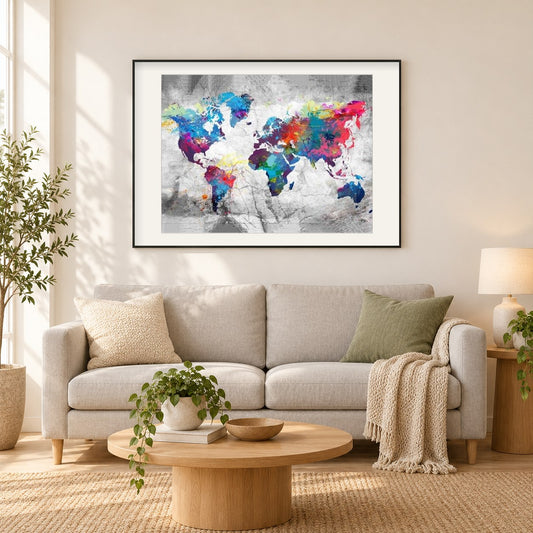 5D Weltkarte als gerahmtes Diamond Painting im Wohnzimmer