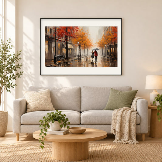 Ein Paar geht auf einer Straße als gerahmtes Diamond Painting im Wohnzimmer