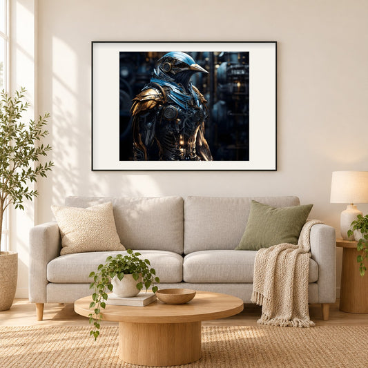 Ein Robotervogel - Gemälde von Diamond als gerahmtes Diamond Painting im Wohnzimmer