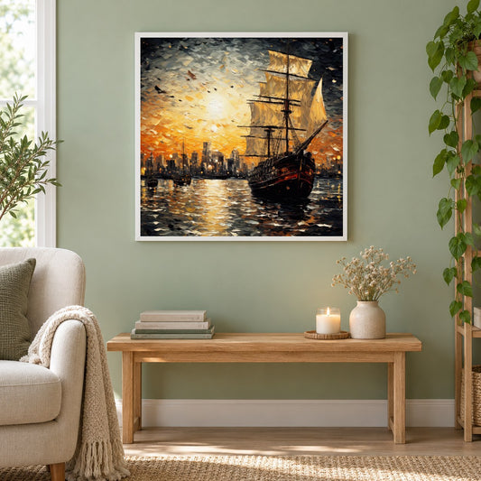Ein Schiff segelt als gerahmtes Diamond Painting im Wohnzimmer