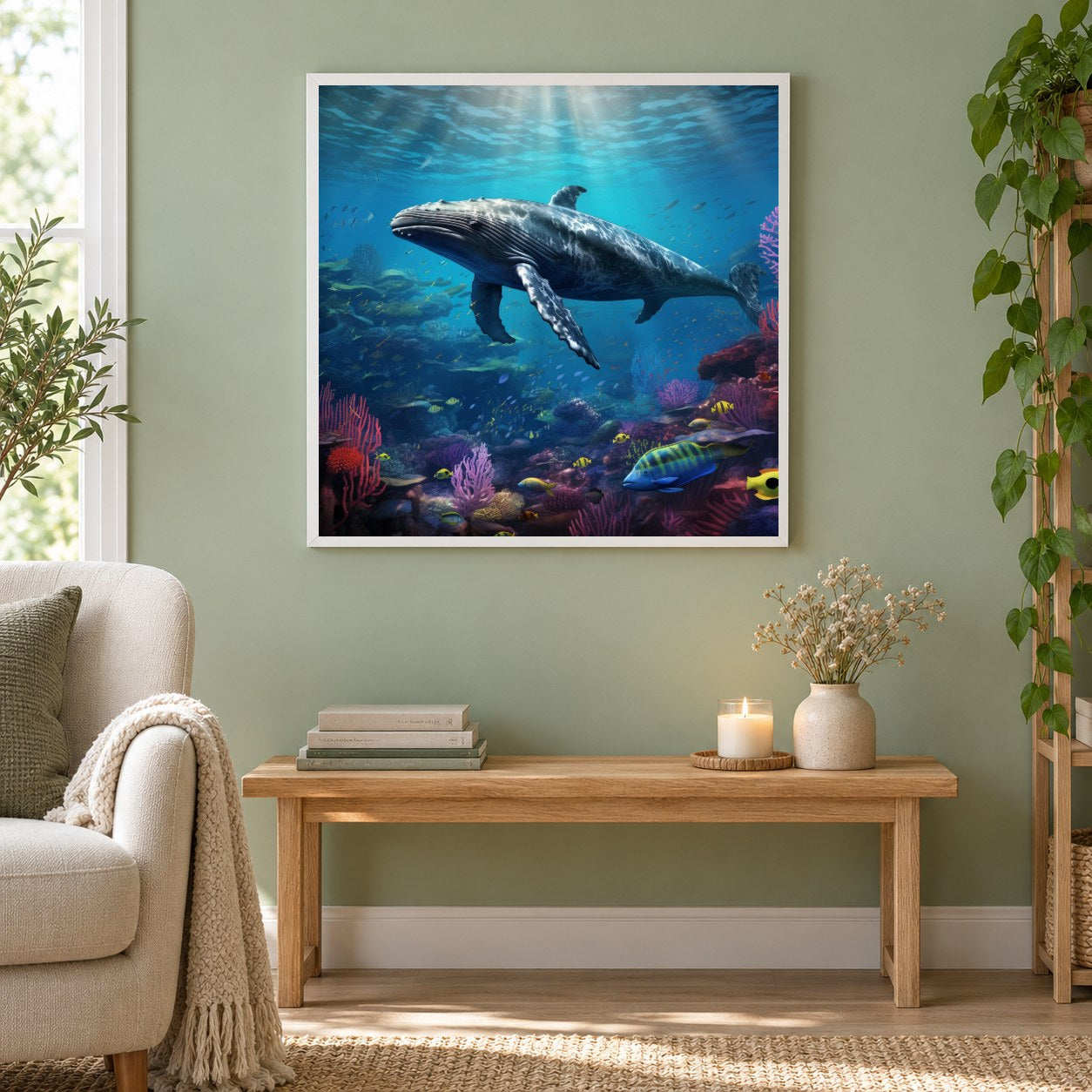 Ein Wal in der Tiefsee als gerahmtes Diamond Painting im Wohnzimmer