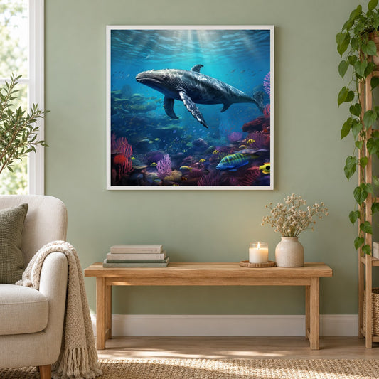 Ein Wal in der Tiefsee als gerahmtes Diamond Painting im Wohnzimmer