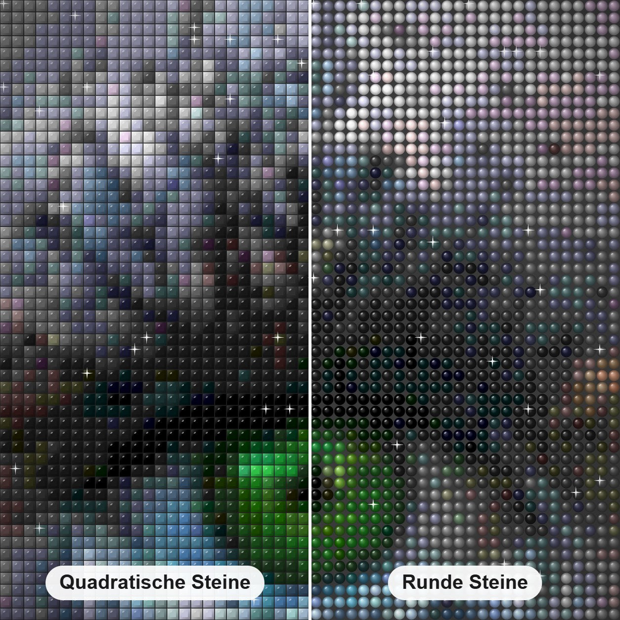 Abstrakte Augen Malen mit Diamanten Diamond Painting Nahaufnahme mit quadratischen und runden Steinen