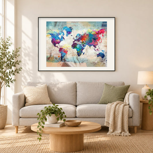 Abstrakte bunte Karten als gerahmtes Diamond Painting im Wohnzimmer