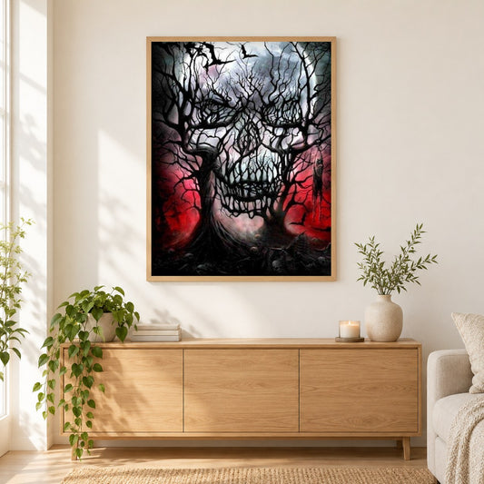 Abstrakte Schädel-Baum als gerahmtes Diamond Painting im Wohnzimmer