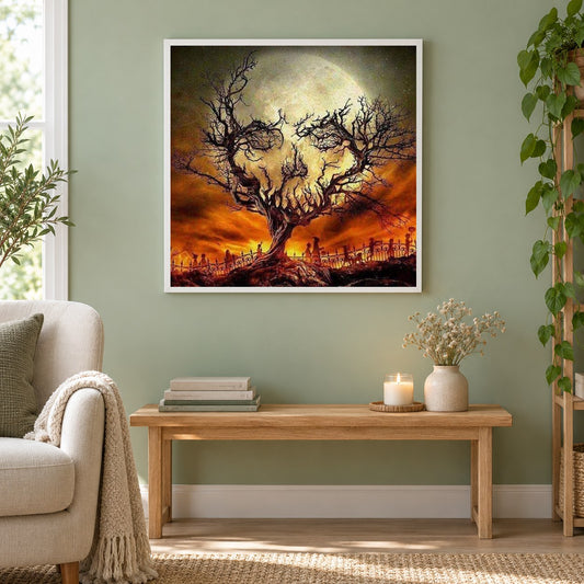 Abstrakter Schädelbaum als gerahmtes Diamond Painting im Wohnzimmer