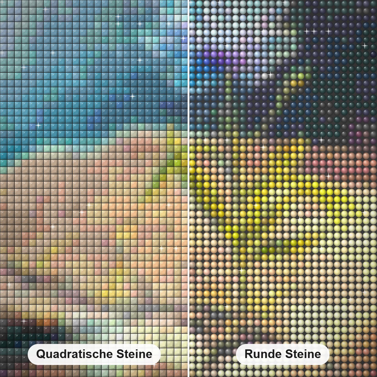 Abstraktes Buch Diamond Painting Nahaufnahme mit quadratischen und runden Steinen