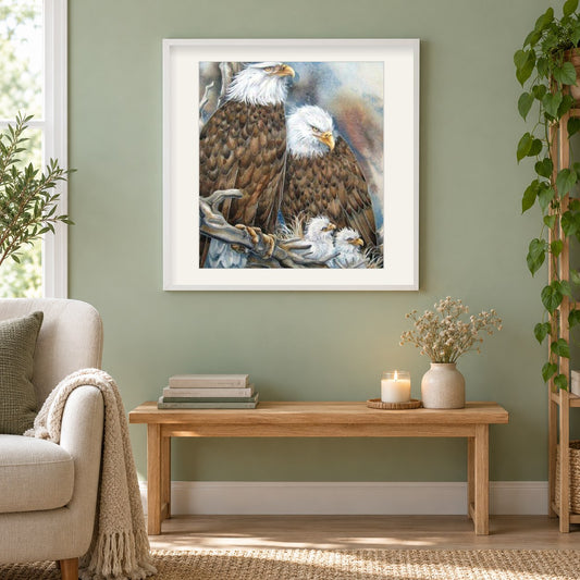 Adlerfamilie im Nest als gerahmtes Diamond Painting im Wohnzimmer
