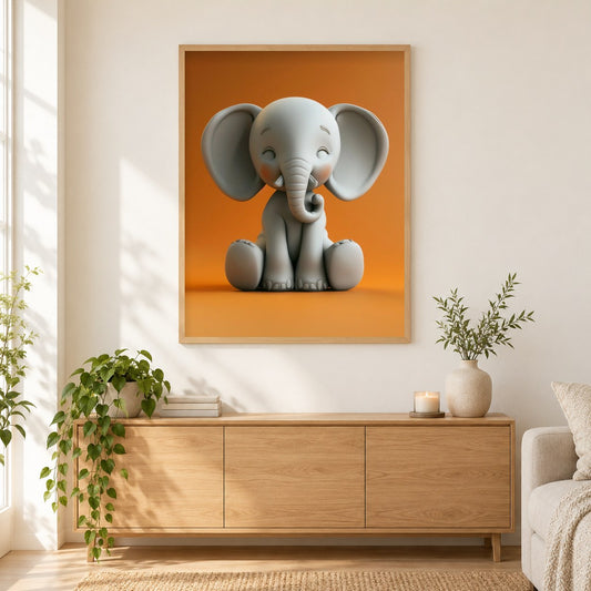 Entzückendes Elefantenbaby als gerahmtes Diamond Painting im Wohnzimmer