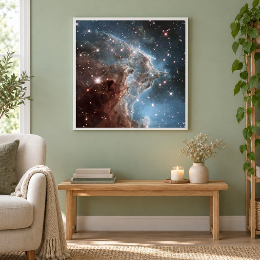 Affenkopfnebel als gerahmtes Diamond Painting im Wohnzimmer