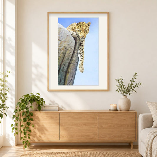 Afrikanischer Leopard - Kunst des Eric Wilson als gerahmtes Diamond Painting im Wohnzimmer