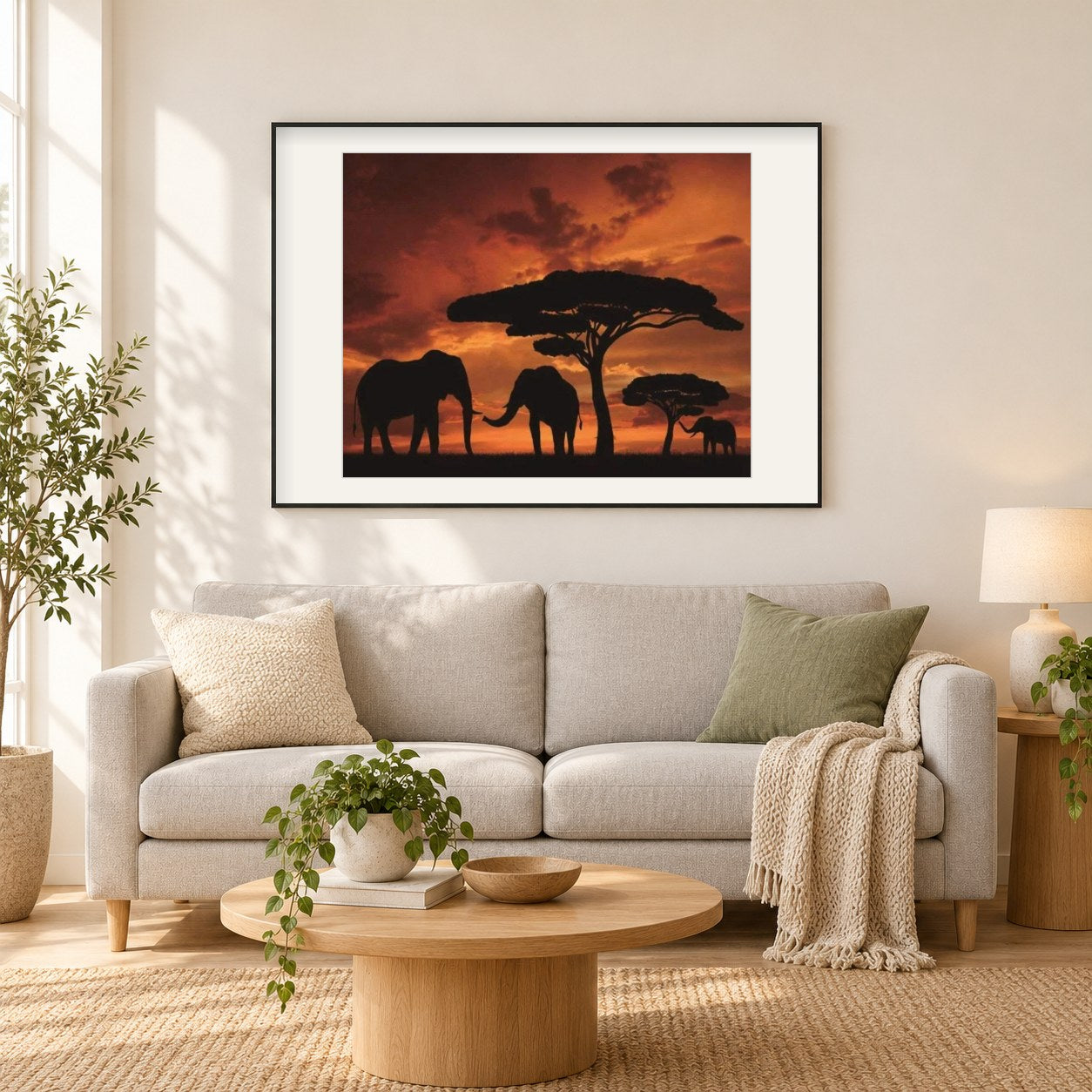 Afrikanische Elefanten und ihr Baby als gerahmtes Diamond Painting im Wohnzimmer