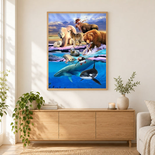 Alaska Tiere als gerahmtes Diamond Painting im Wohnzimmer