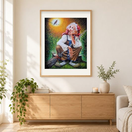 Alte Hexe mit Besen als gerahmtes Diamond Painting im Wohnzimmer