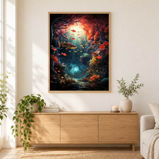 Erstaunliches Meeresleben als gerahmtes Diamond Painting im Wohnzimmer