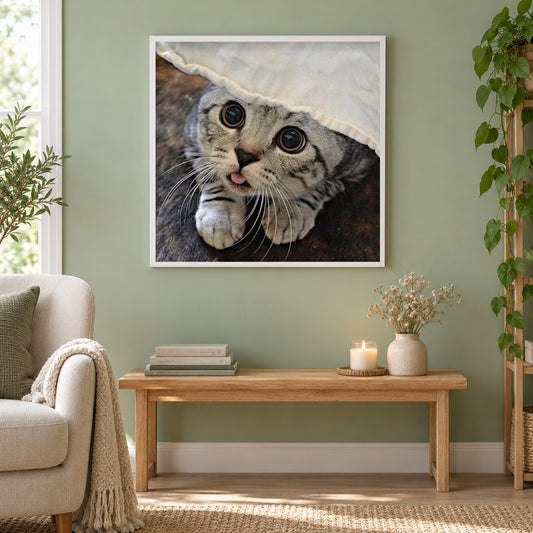 Amerikanische Katze mit kurzen Haaren als gerahmtes Diamond Painting im Wohnzimmer
