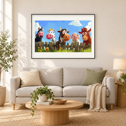 Tiere, die vor Freude herumtollen als gerahmtes Diamond Painting im Wohnzimmer