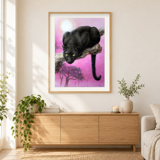 Ansicht des schwarzen Panther als gerahmtes Diamond Painting im Wohnzimmer
