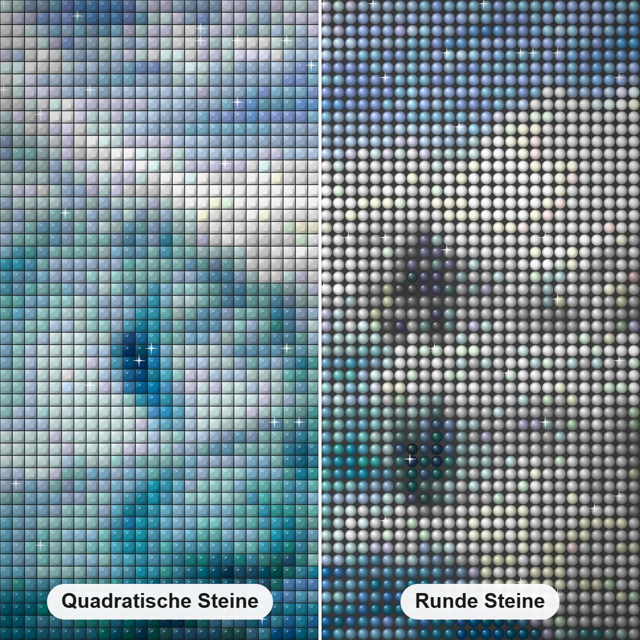 Antarktischer Eisberg Diamond Painting Nahaufnahme mit quadratischen und runden Steinen