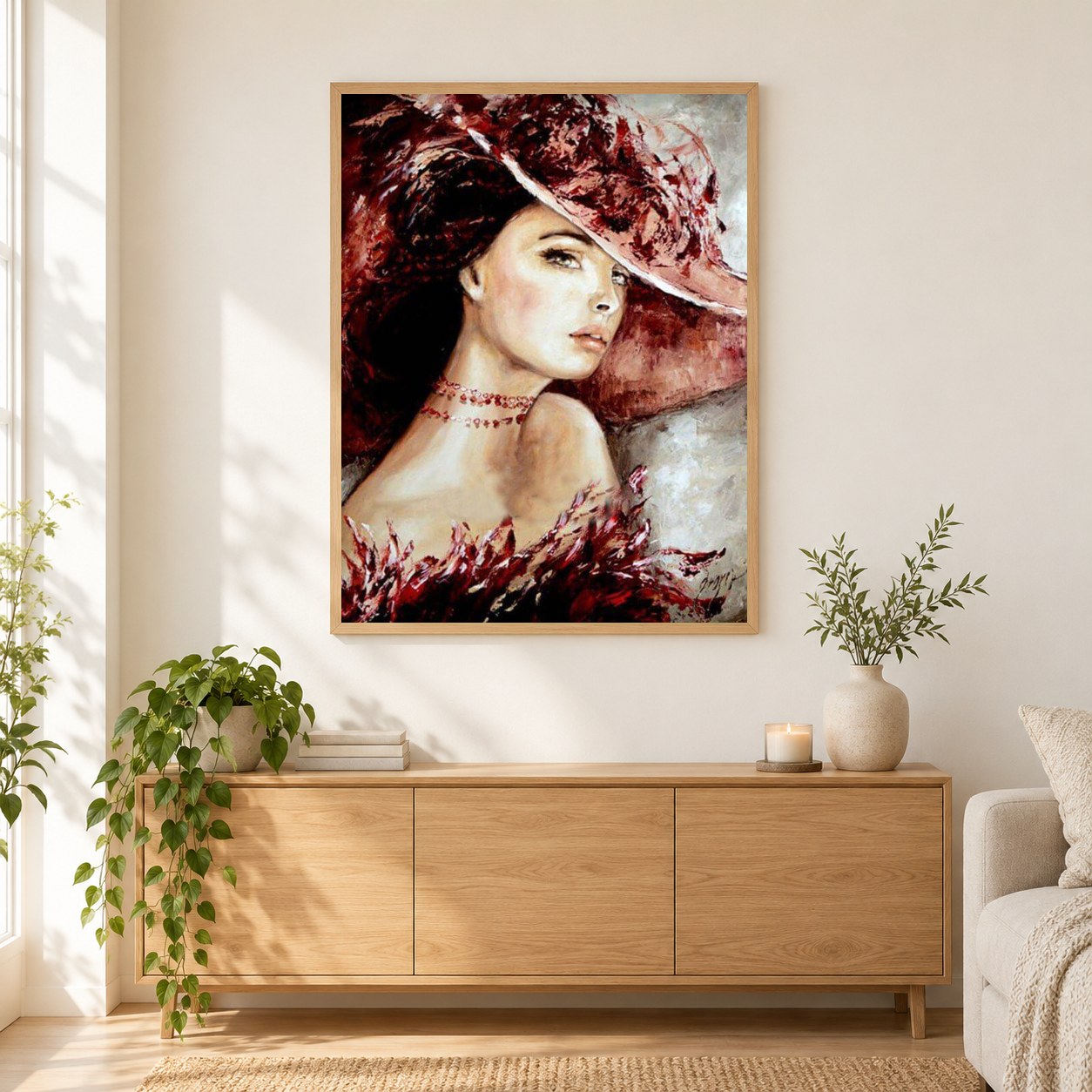 Atemberaubende Dame als gerahmtes Diamond Painting im Wohnzimmer