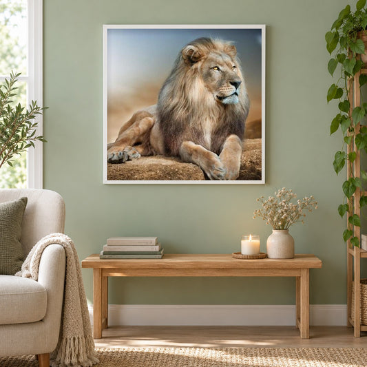 Atemberaubende Löwen als gerahmtes Diamond Painting im Wohnzimmer