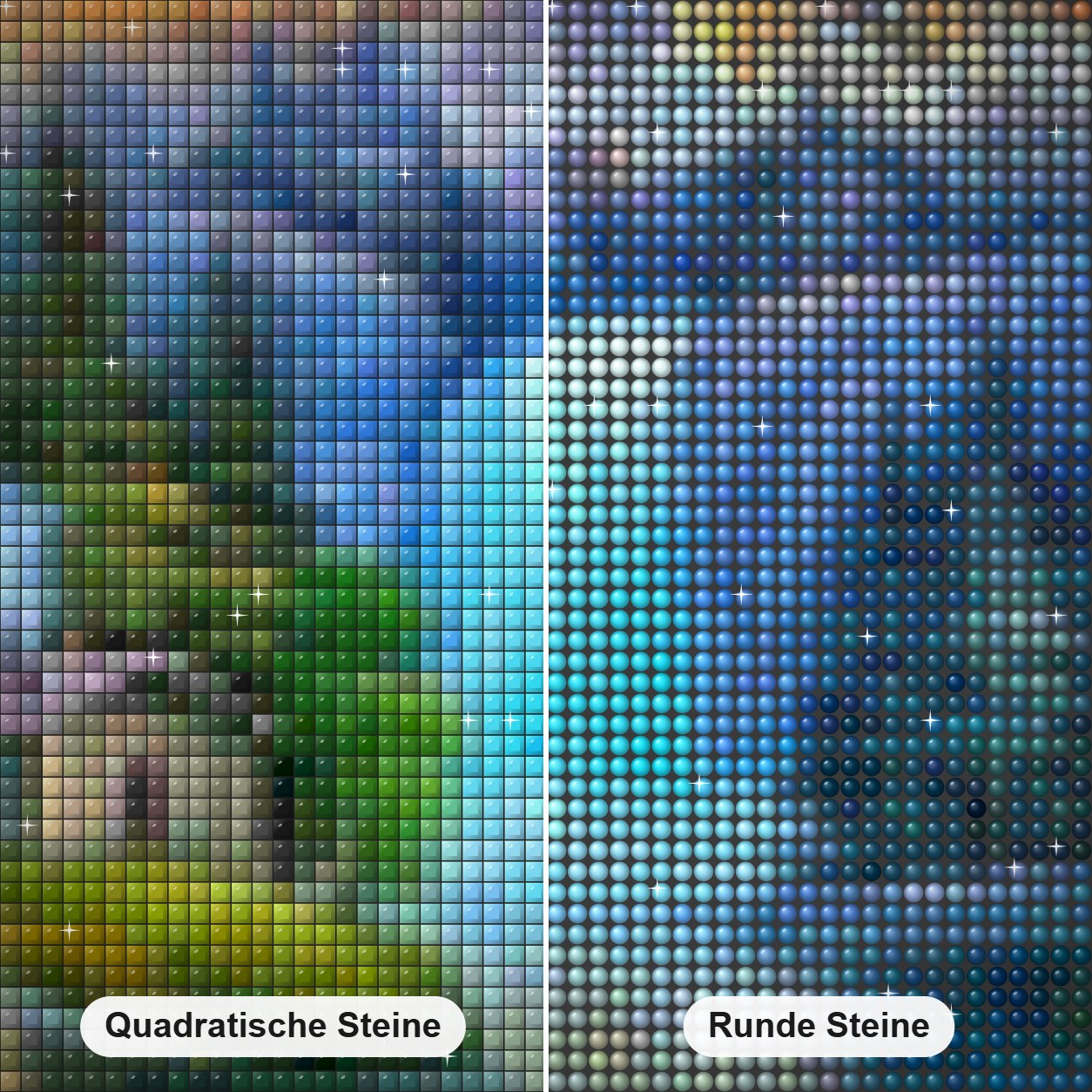 Atemberaubende Natur Diamond Painting Nahaufnahme mit quadratischen und runden Steinen