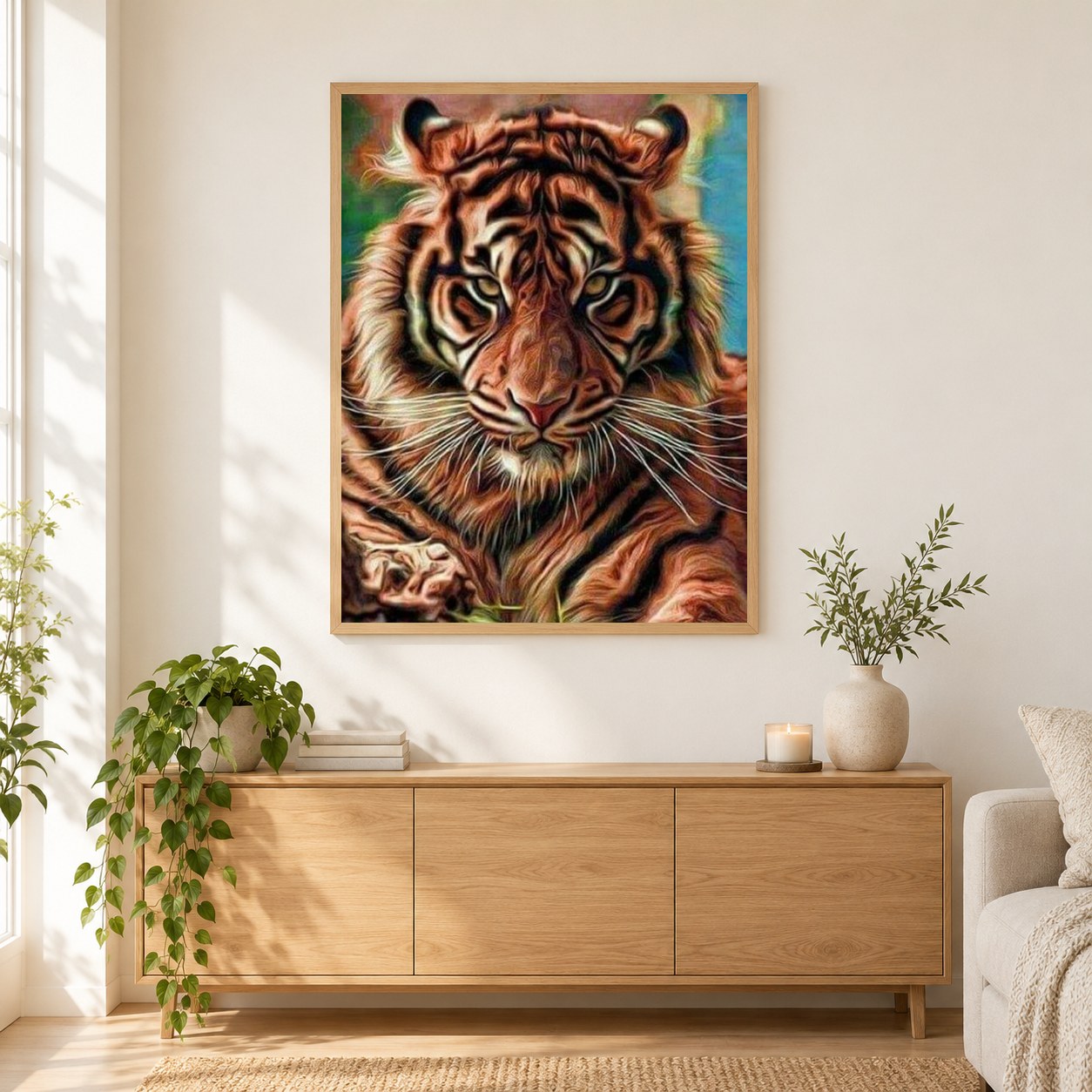 Atemberaubende Tiger als gerahmtes Diamond Painting im Wohnzimmer