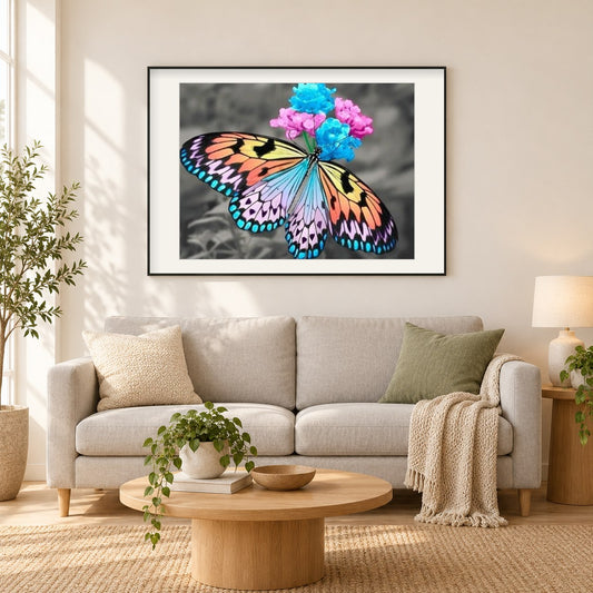 Atemberaubender Schmetterling & Blumen als gerahmtes Diamond Painting im Wohnzimmer