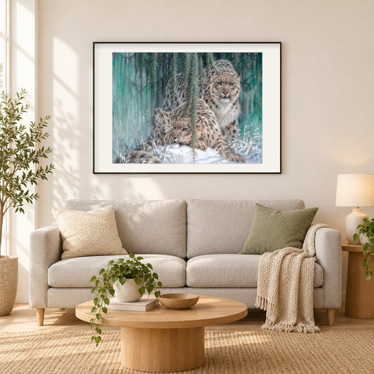 Atemberaubendes Schneeleopardenpaar als gerahmtes Diamond Painting im Wohnzimmer