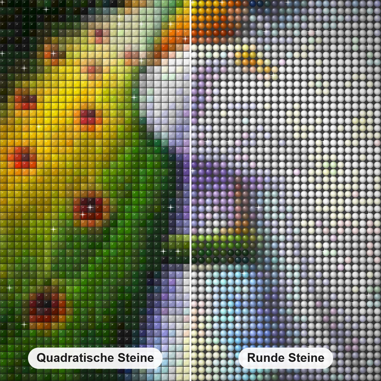Attraktive Pfauen Diamond Painting Nahaufnahme mit quadratischen und runden Steinen