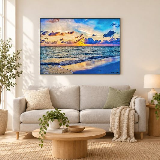 Azurblauer Sonnenuntergang - Kunst des Denise Dundon als gerahmtes Diamond Painting im Wohnzimmer