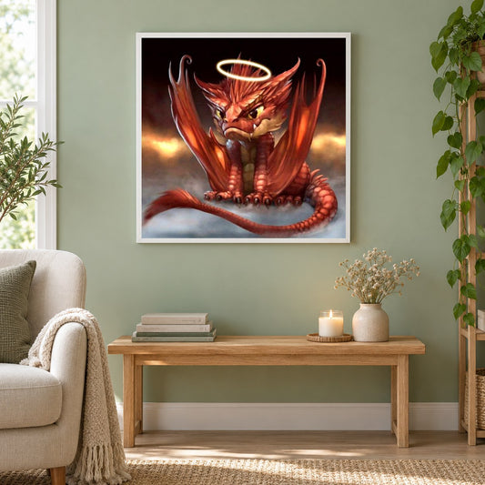 Baby Drachen als gerahmtes Diamond Painting im Wohnzimmer