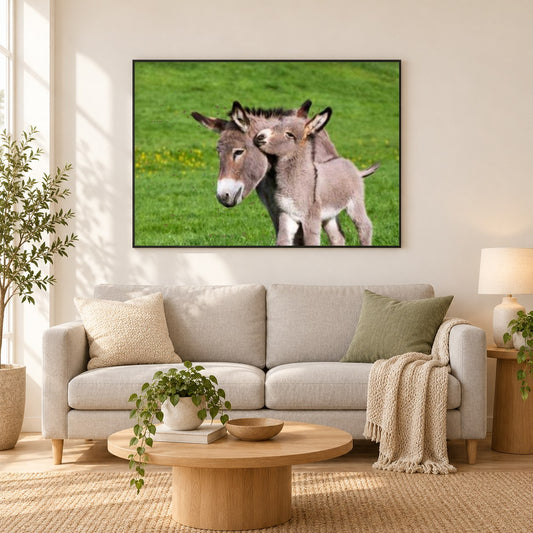 Baby Esel mit Mutter als gerahmtes Diamond Painting im Wohnzimmer